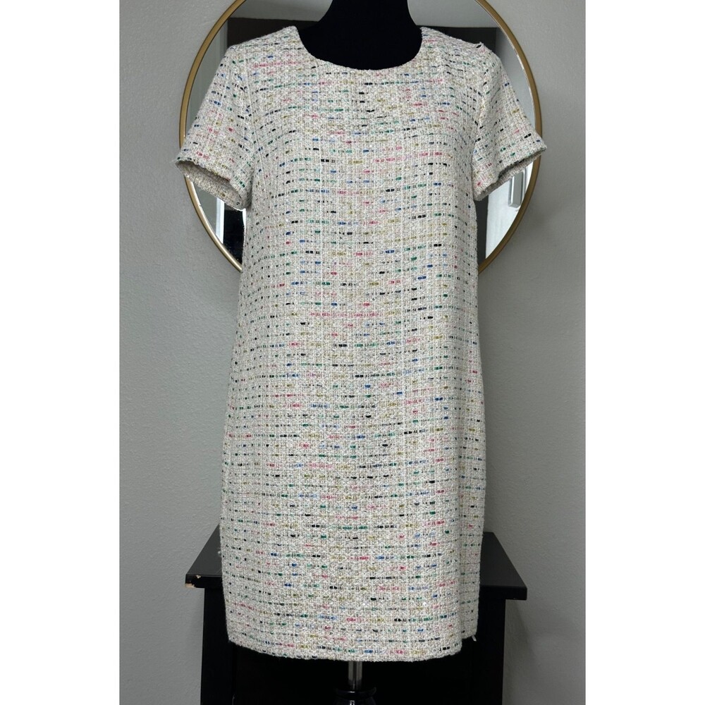 CeCe by Cynthia Steffe Confetti Tweed Shift Dress Sleeve Wool Blend Cream Sz 8